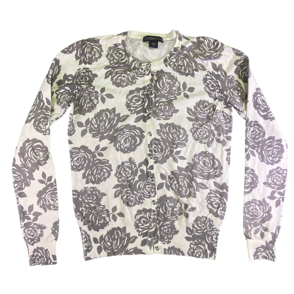Covington Sweater‎ Cardigan Women's Small Floral Office Grey Rose Button Front